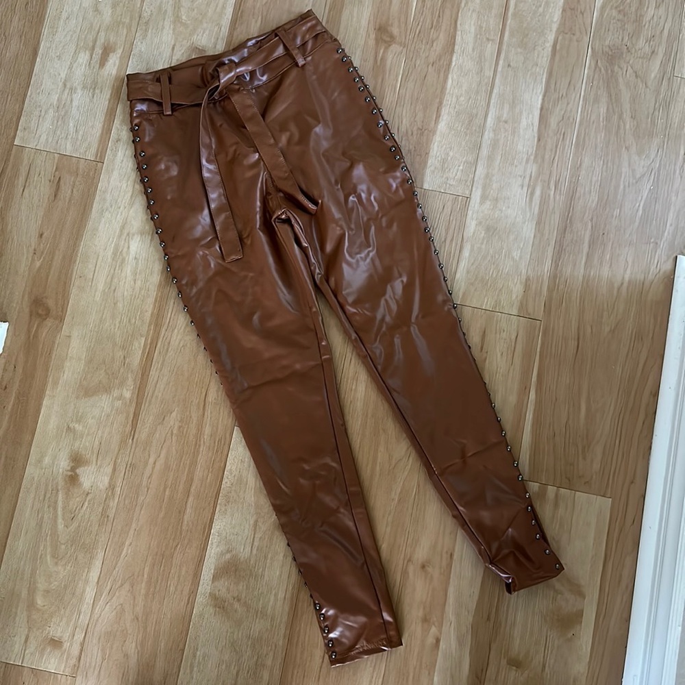Faux Leather Tie Waist Pant with Studs